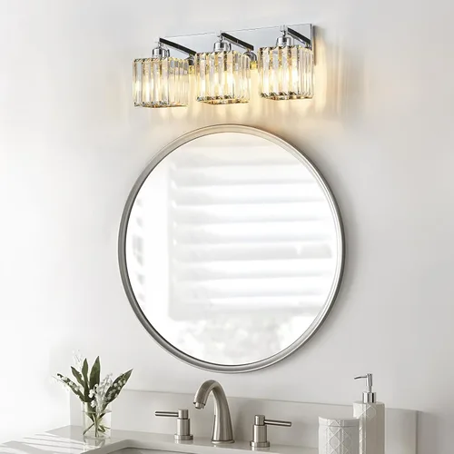Vista 7 de Moderna lámpara de tocador de baño de 3 luces de cristal cromado moderno sobre espejo cromado iluminación de tocador de cristal aplique de pared