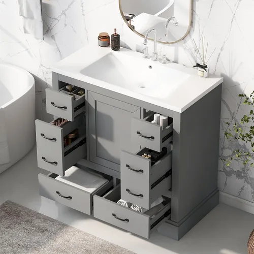 Vista 12 de Harper & Bright Designs Tocador de baño de 24 pulgadas con lavabo, juego de tocador independiente con 4 cajones, estantes de almacenamiento y Negro