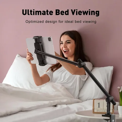 Vista 2 de AboveTEK Soporte para Tablet para Escritorio y Cama, Brazo de Aluminio para iPad con Abrazadera Giratoria de 360°, Soporte para Teléfono Ajustable
