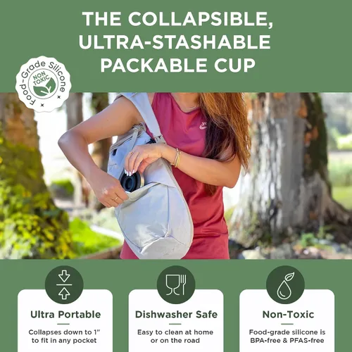 Vista 7 de HYDAWAY Pinta Plegable de 16 oz - Taza de Silicona Libre de BPA con Borde de Acero Inoxidable - Reutilizable, Empacable y Duradera para Acampar, Fern