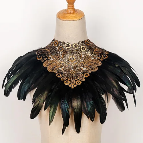 Vista 6 de L'VOW Real Negro Pluma Arnés Collar Collar Collar Babero Halloween