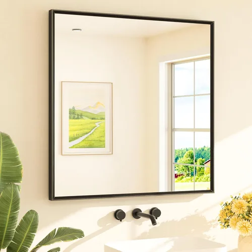 Vista 95 de TETOTE Espejo de baño dorado cepillado de 20" x 30", espejo de tocador de baño rectangular de latón dorado cepillado con marco biselado para sobre