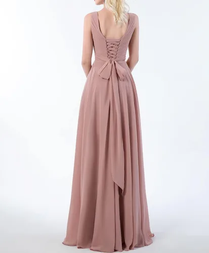 Vista 2 de Vestido de dama de honor de gasa con cuello en V para mujer, vestido largo de línea A, vestidos formales