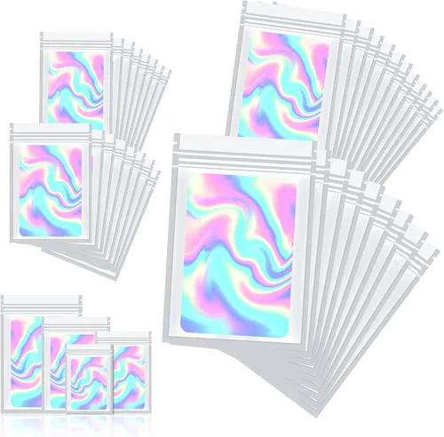 Vista 21 de 120 bolsas de tereftalato de polietileno a prueba de olores, bolsa de embalaje holográfica resellable con ventana transparente para alimentos