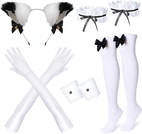 Vista 6 de Anime French Maid Lolita Fancy Queen Princess Dress Cosplay Disfraz Peludo Gato Oreja Guantes Calcetines Conjunto