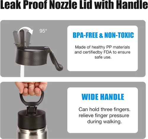 Vista 6 de Volhoply Botellas de agua aisladas de 22 onzas con tapa con popote, botella deportiva de acero inoxidable con asa, vasos de agua de viaje de metal