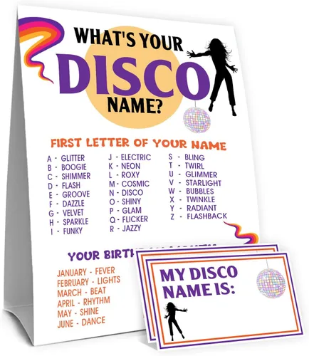Vista 35 de ¿Cuál es tu nombre de los años 50 Juego, 1 señal de doble cara y 30 tarjetas adhesivas, Juegos de fiesta de cumpleaños retro para niños y adultos
