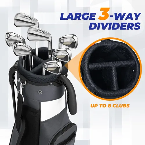 Vista 2 de Bolsa de golf con soporte, ligera, Par 3, con divisores de 3 vías, Oxford 900D resistente a la intemperie, 1.7kg, compacta pero espaciosa