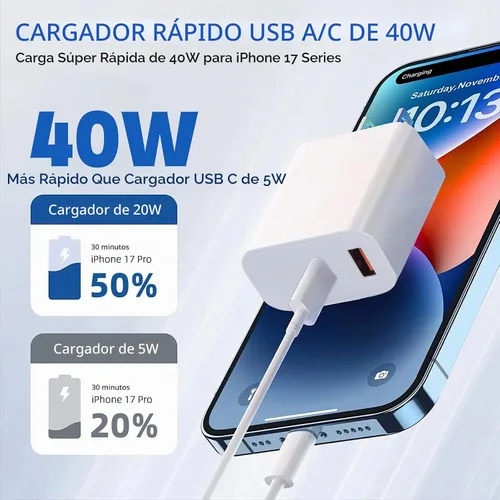 Vista 2 de Cargador para iPhone 17 16 15 de carga rápida, 40 W de doble puerto A/C, cargador de teléfono de carga rápida USB C, cable de carga rápida de 10