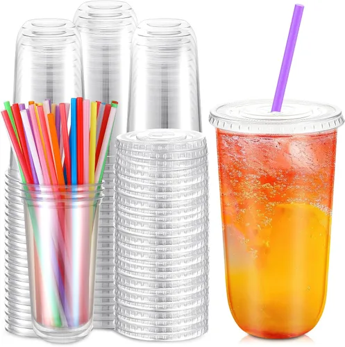 Vista 8 de Ziliny - Paquete de 50 vasos de plástico de 12 onzas con tapas, pajitas