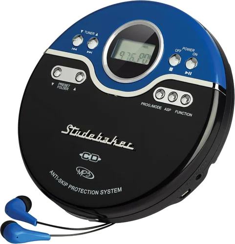 Vista 2 de Studebaker Reproductor de CD portátil azul retro Reproducción de CD-R/RW MP3 Reproductor de CD personal programable Antisaltos Radio FM