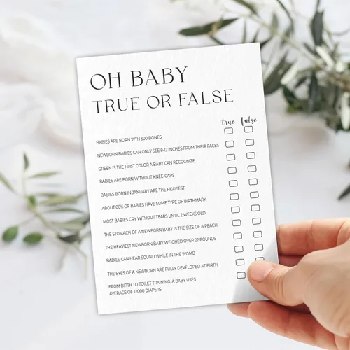 Vista 3 de Oh Baby! Juego verdadero o falso para baby shower, minimalismo blanco perla, 30 tarjetas de juego de relleno en blanco con 1 tarjeta de respuesta
