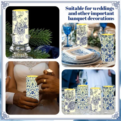 Vista 6 de Tiamon 4 piezas de velas de pilar sin llama estilo Chinoiserie LED, juego de velas de porcelana azul y blanca, operadas por batería, luz cálida