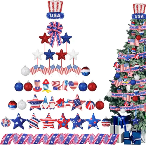Vista 10 de 43 adornos patrióticos para árbol del 4 de julio, Día de la Independencia, adornos para árbol de Navidad, decoración de lazo rojo, blanco y azul