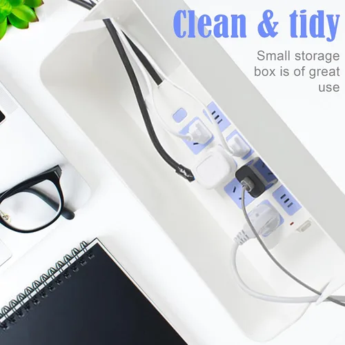 Vista 7 de Caja de ordenamiento de cables blanco con tapa de bambú, organizador de cables, caja de gestión de cables para ocultar cables y enchufes