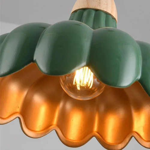 Vista 2 de Mid Century Kitchen Island Pendant Light, Vintage Flower Shape Ceiling Hanging Lighting, Green Ceramic Shade Chandelier with Wood Finish for Dining
