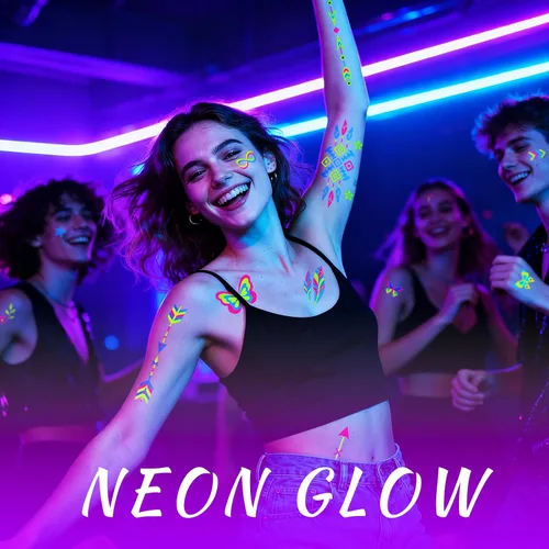 Vista 4 de Suministros de fiesta con tatuajes temporales que brillan en la oscuridad 192+ PIEZAS, Tatuajes faciales reactivos de neón UV con luz negra
