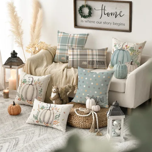 Vista 2 de AVOIN colorlife Juego de 4 fundas de almohada de Hello Fall Hello Pumpkin de 16 x 16 pulgadas, cosecha de Acción de Gracias de otoño, decoración