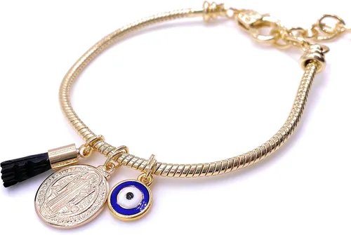 Vista 5 de LESLIE BOULES Pulsera de San Benito para mujer con dije de mal de ojo y piedra de azabache auténtica, Latón