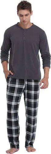 Vista 2 de Vlazom Men's Long Sleeve Pajama Sets Pjs Sets Solid Tee and Plaid Pant Set S-XXL