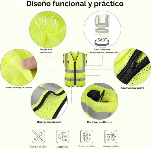 Vista 2 de TICONN Chaleco de seguridad reflectante de alta visibilidad Clase II de malla para mujeres y hombres Cumple con los estándares ANSI