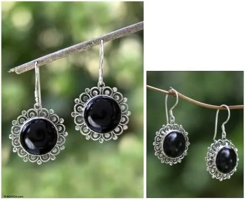 Vista 2 de NOVICA Aretes colgantes artesanales hechos a mano de ónice, plata de ley floral, piedra natal de Indonesia negra 1.5 pulgadas de largo x 0.8