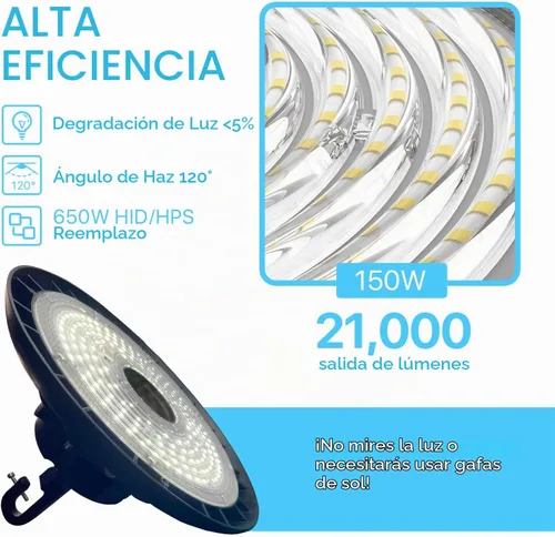 Vista 4 de HYPERLITE UFO LED Luz de Alta Bahía con Sensor de Movimiento 21000LM, 150W Luces LED Inteligentes de Alta Bahía con Control Remoto, Luz de Tienda