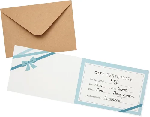 Vista 6 de Juvale Tarjetas de regalo en blanco, paquete de 36 unidades de 4 x 6 pulgadas, color azul, 250 GSM y sobres, certificados de regalo personalizables