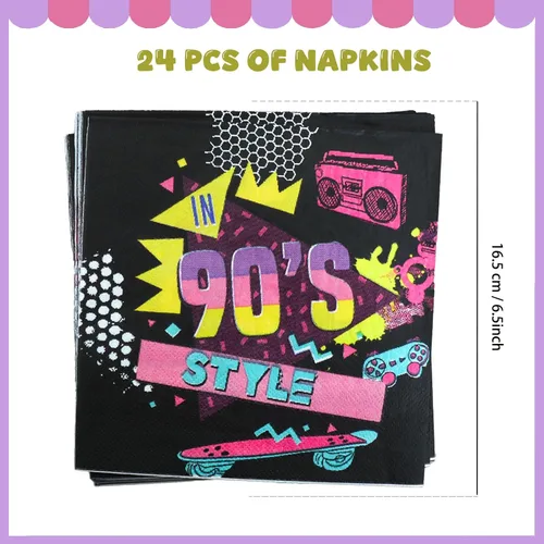 Vista 6 de Juego de 96 piezas de vajilla de decoración de fiesta de los años 90 para adultos y adolescentes, incluye platos, servilletas, tenedores