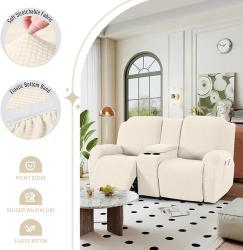 Vista 3 de TAOCOCO Funda reclinable para sofá biplaza con consola central, funda elástica para sofá reclinable de 2 asientos, fundas de sofá reclinable de Beige