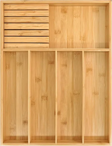 Vista 8 de VaeFae Organizador de cubiertos de bambú, soporte para utensilios para cajón, bandeja de cubiertos de madera con separador para cajón de cocina