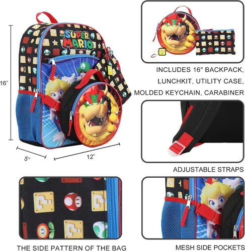 Vista 9 de Bioworld Kids Super Mario Brothers - Juego de mochila y lonchera de 5 piezas Azul