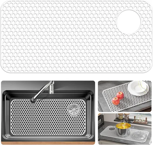 Vista 25 de Bestjing Paquete de 2 protectores de silicona para fregadero de cocina, accesorio de rejilla de cocina de 12 x 11 pulgadas, tapete antideslizante