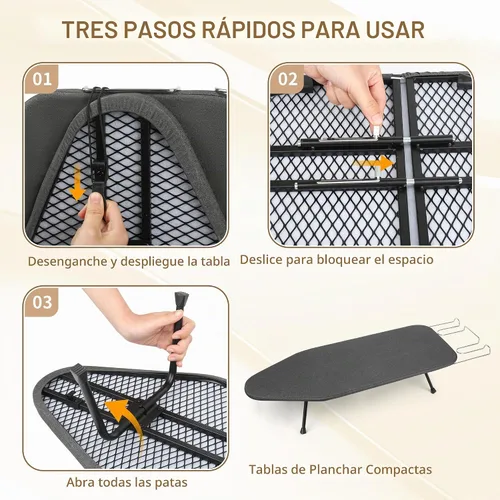 Vista 4 de Tabla de planchar plegable con soporte de hierro, 31.6 x 12.5 pulgadas, cubierta acolchada de algodón, panel de malla metálica, mini tabla de hierro