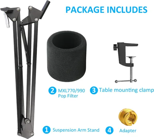 Vista 2 de MXL 770 990 Soporte de micrófono con filtro pop – Soporte de brazo de tijera de suspensión de micrófono con parabrisas de espuma para micrófonos MXL