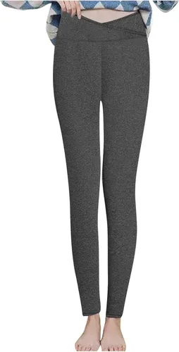 Vista 6 de Ayolanni Pantalones ajustados con forro polar para mujer, cintura cruzada, color sólido, grueso, cálido para clima frío