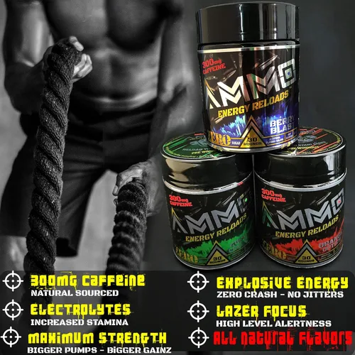 Vista 5 de AMMO ® Energy Reloads™ - Polvo de preentrenamiento, 300 mg de cafeína, cero azúcar, aminos vitales y electrolitos, sin sabores ni