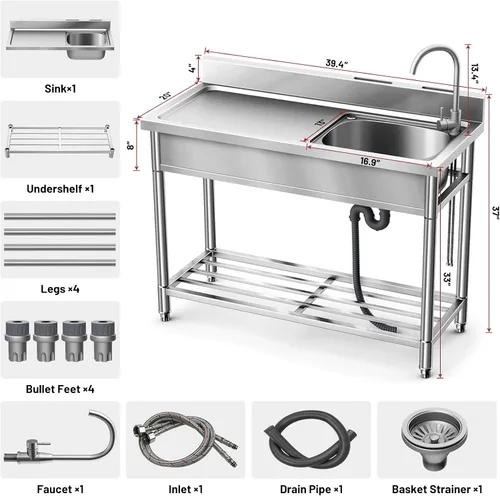 Vista 3 de Fregadero Utilitario de Acero Inoxidable LAFATI, Fregadero de Cocina Independiente de Acero Inoxidable 304 SUS de un Solo Tazón Con Estación