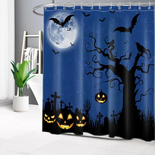 Vista 14 de EOBTAIN Cortina de ducha de cielo nocturno azul de Halloween para baño, espeluznante calabaza y murciélago en árbol muerto en cementerio aterrador