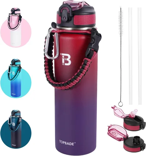 Vista 9 de TOPBADE Botella de agua aislada de 32 onzas con tapa de pajita, tapa de boquilla y mango de paracord, botella de agua de acero inoxidable de boca