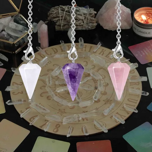Vista 3 de DUQGUHO Juego de 3 péndulos de cristal para adivinación radiestesia, amatista natural, cuarzo rosa, cuarzo transparente, curativo, cuarzo curativo