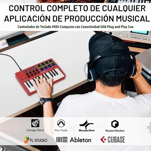 Vista 2 de M-VAVE Controlador de teclado MIDI USB de 25 teclas con 8 almohadillas de batería retroiluminadas, Bluetooth, teclado dinámico semi-pesado Rojo