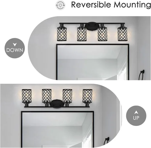 Vista 4 de Moderna lámpara de tocador de baño de cristal negro con 4 luces, montaje arriba/abajo, E26, espejo de pared con cable para baño, tocador, vestidor