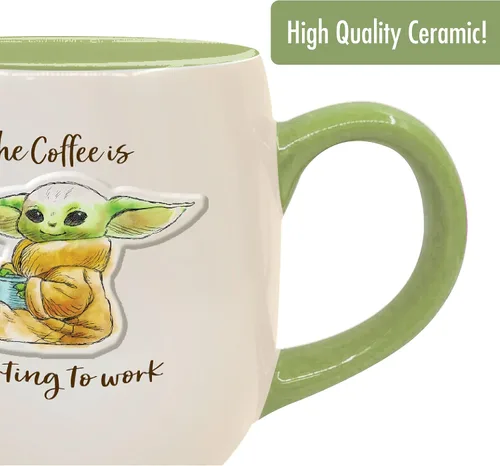 Vista 5 de ICUP Star Wars Mandalorian Grogu Starting To Work The Coffee Is Embossed Taza de cerámica de 14 onzas