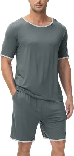 Vista 6 de MoFiz Conjunto de pijama para hombre, camisa y pantalones cortos, conjunto de pijama ligero y suave para hombre, conjunto de descanso con bolsillos