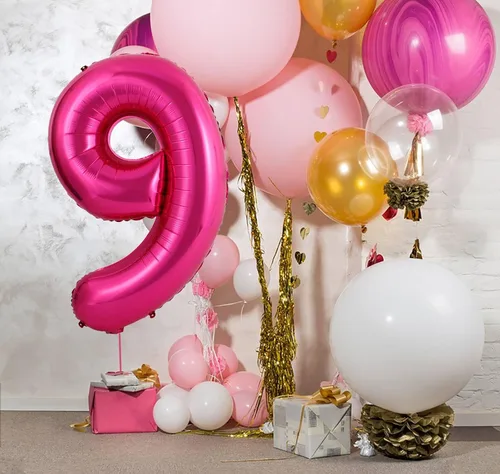 Vista 3 de Globos grandes de 40 pulgadas de color rosa intenso con el número 9, globos gigantes de Mylar para cumpleaños, aniversario, fiesta, graduación