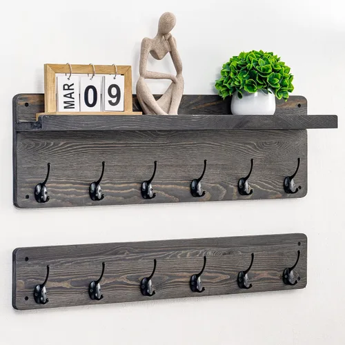 Vista 8 de Perchero de pared de 29.5 pulgadas de ancho con estante, estante de pasillo con 12 ganchos para abrigos, perchas para pared, perchero para clavijas