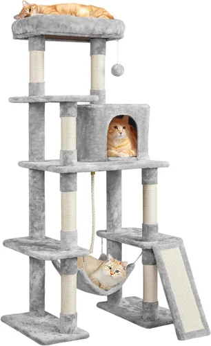 Vista 10 de Yaheetech - Torre de árbol para gatos grandes, condominio de varios niveles y hamaca de 54 pulgadas Beige
