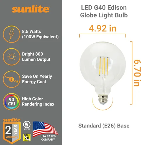 Vista 2 de Sunlite 81139 Bombilla LED G40 Edison Globe 81139, 8.5 vatios (100 W = ), base E26 estándar, 800 lúmenes, regulable, vidrio transparente, filamento