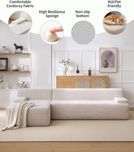 Vista 5 de Sofá deshuesado de 108 pulgadas, sofá seccional beige con diván izquierdo, combinación de diván comprimido al vacío, sofá modular en forma de L
